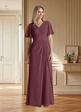 Augday Morning Glory A-Line V-Neck Ruched Chiffon Dress