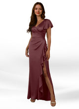 Augday Roya Mermaid V-Neck Pleated Stretch Satin Dress