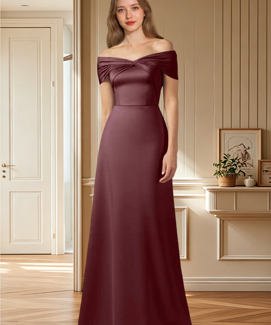 Augday Amelia A-Line Off the Shoulder Stretch Satin Dress