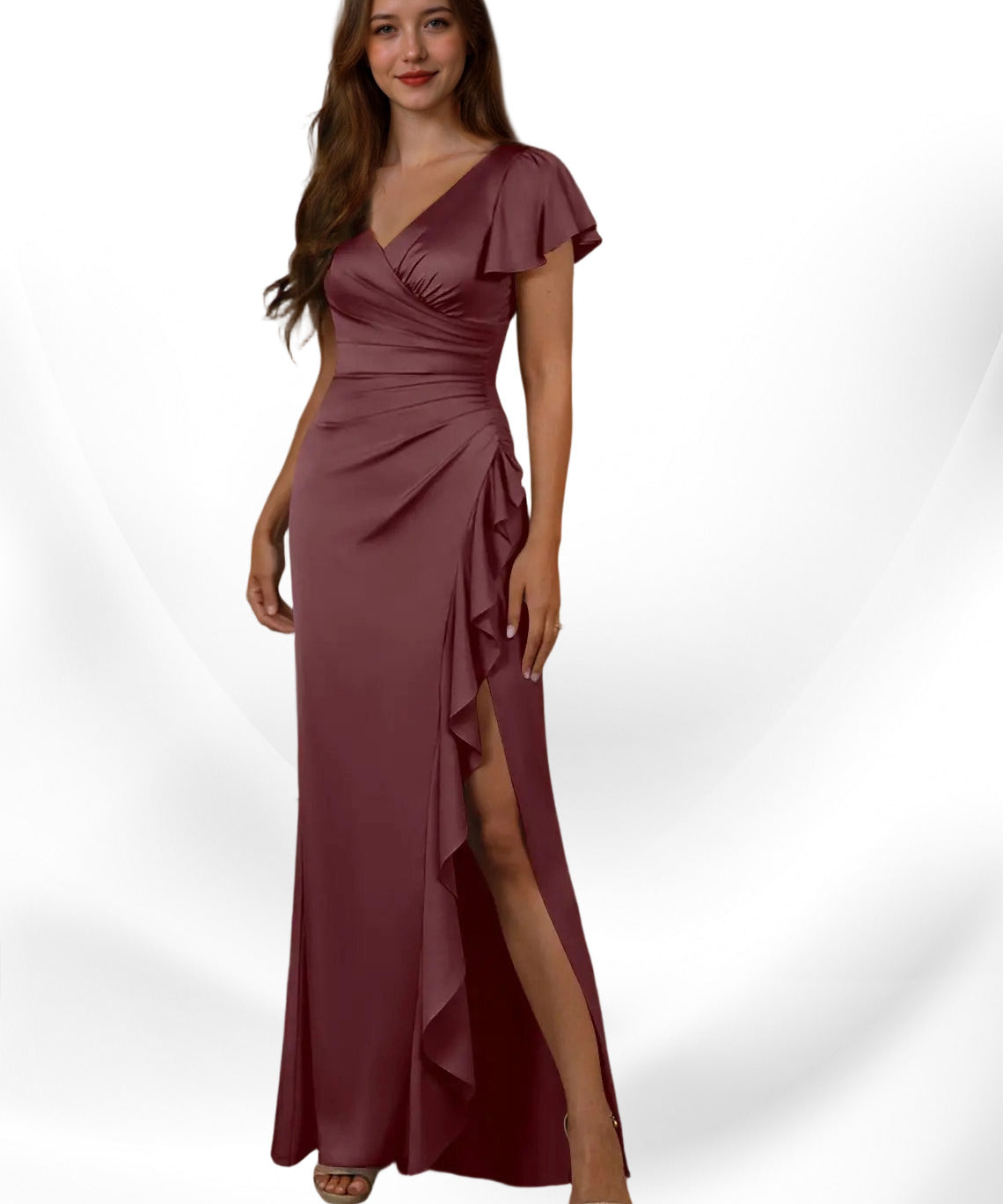 Augday Roya Mermaid V-Neck Pleated Stretch Satin