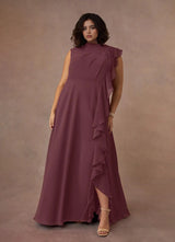 Augday A-Line High Neckline Pleated Chiffon Dress Plus Size