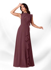 Augday Narine A-Line High Neckline Pleated Chiffon Dress