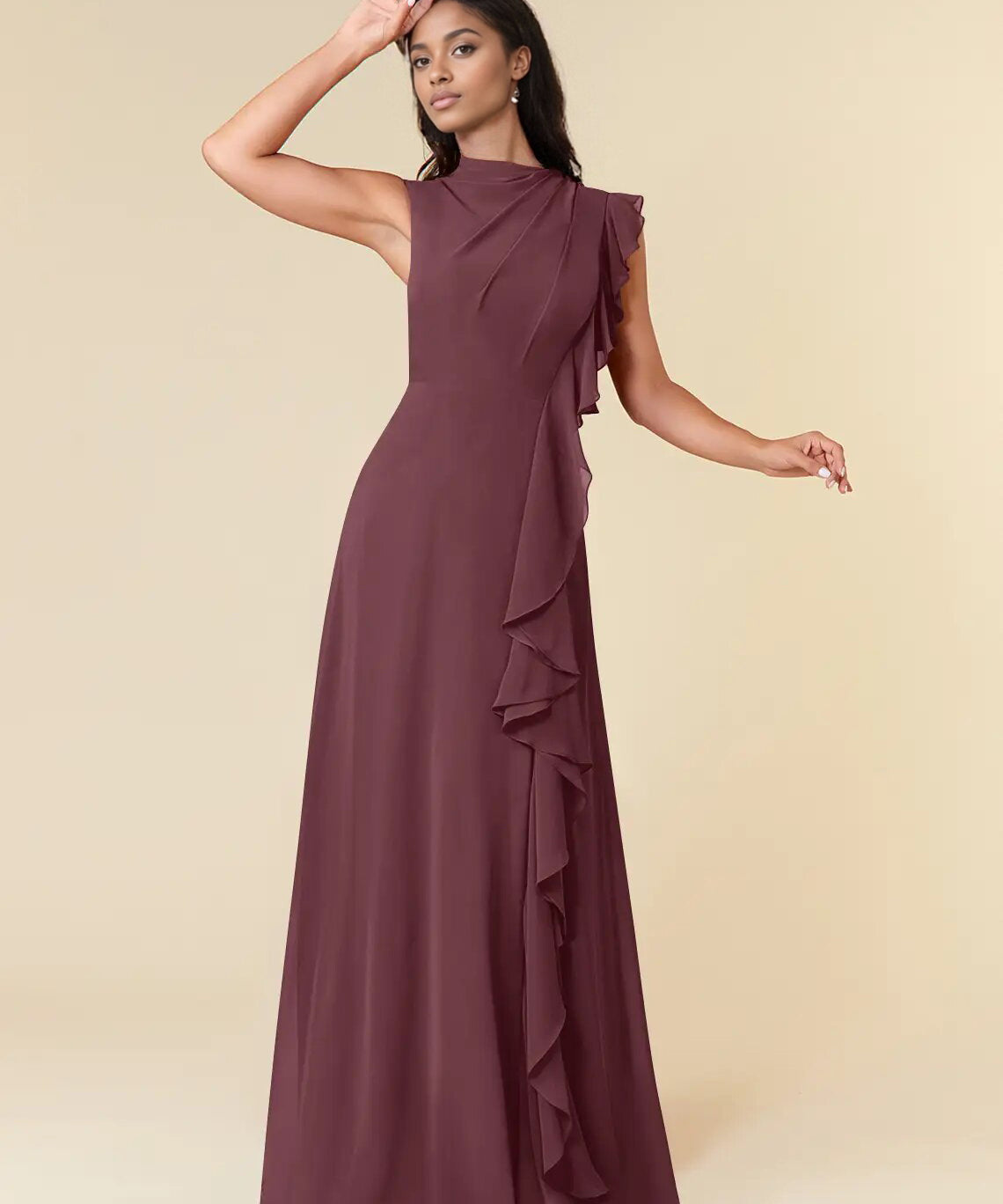 Augday A-Line High Neckline Pleated Chiffon Dress