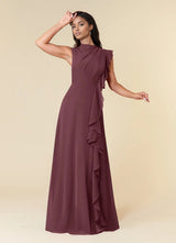 Augday A-Line High Neckline Pleated Chiffon Dress