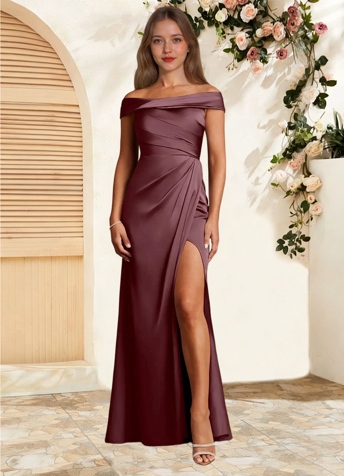 Augday Bedford Sheath Pleated Stretch Satin Dress