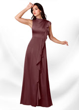 Augday Narine A-Line High Neckline Pleated Stretch Satin Dress