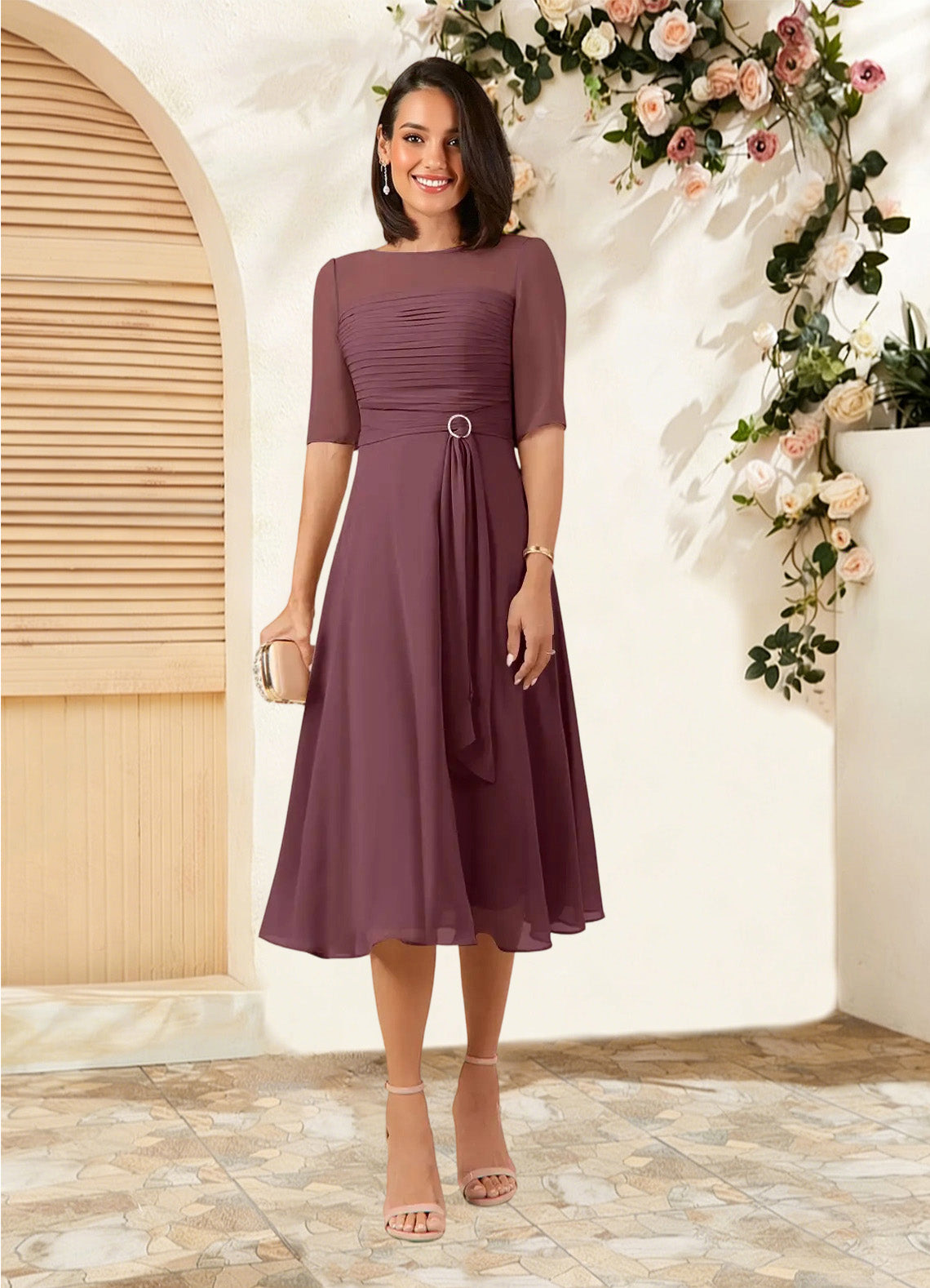 Augday Naomi A-Line Boatneck Pleated Chiffon Dress