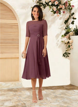 Augday Naomi A-Line Boatneck Pleated Chiffon Dress