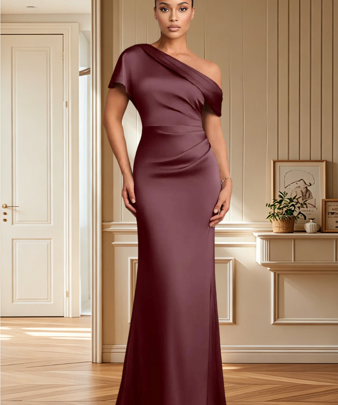 Augday Rutha Sheath One Shoulder Stretch Satin Dress
