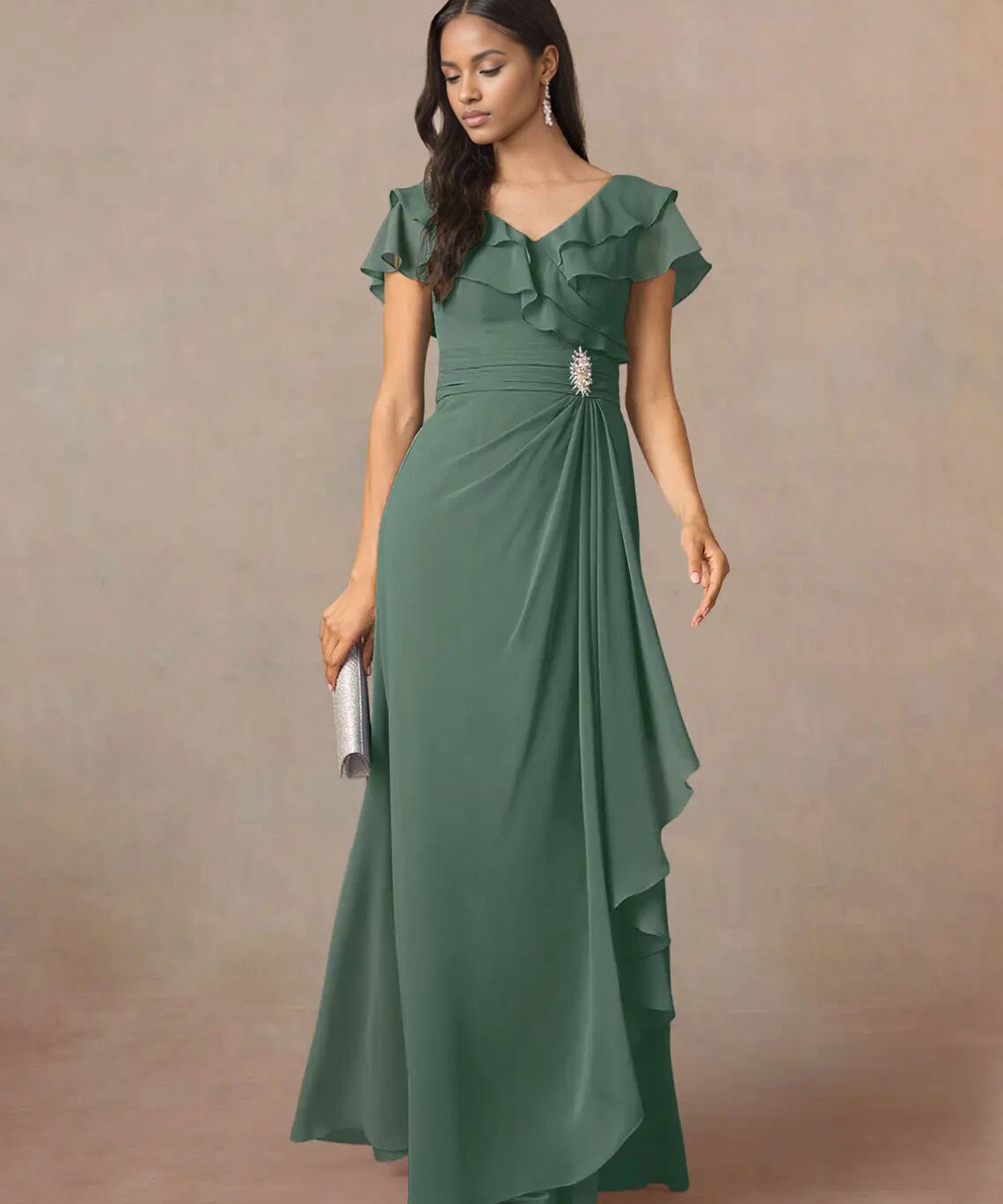 Augday A-Line V-Neck Ruched Chiffon Dress