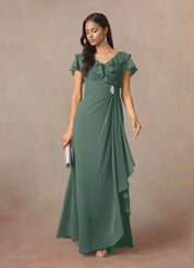 Augday A-Line V-Neck Ruched Chiffon Dress