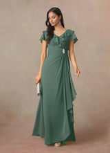 Augday A-Line V-Neck Ruched Chiffon Dress