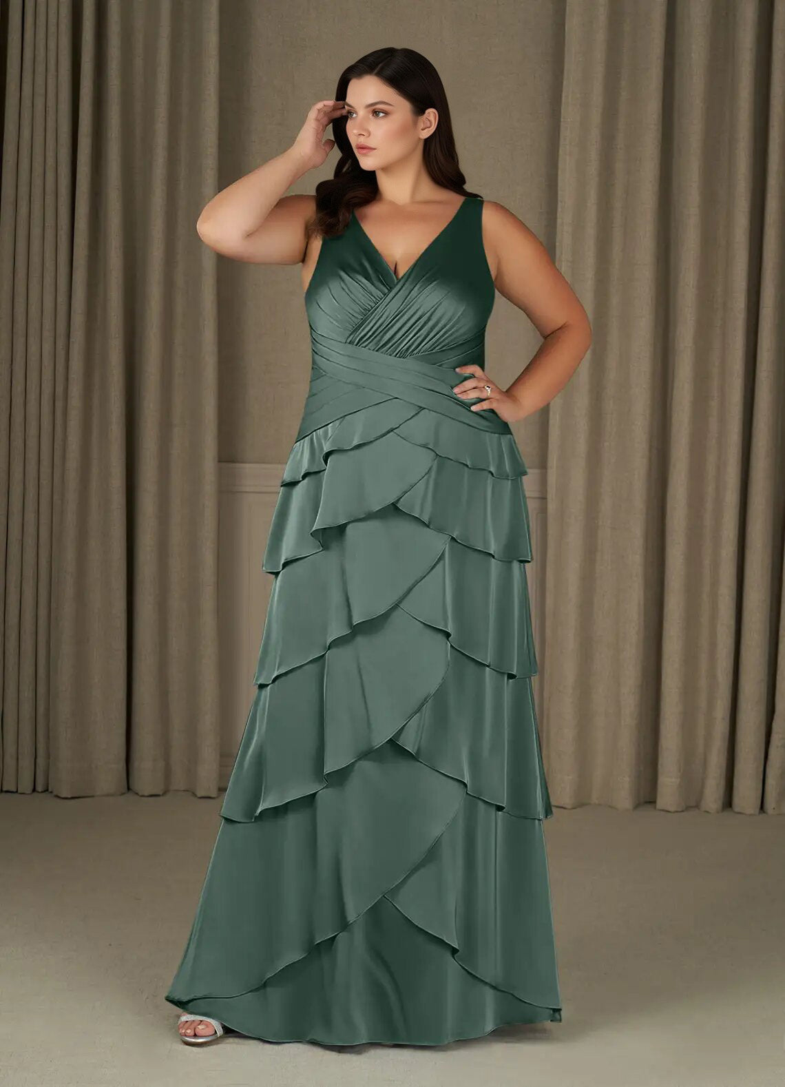 Augday Viola A-Line Pleated Stretch Satin Dress Plus Size