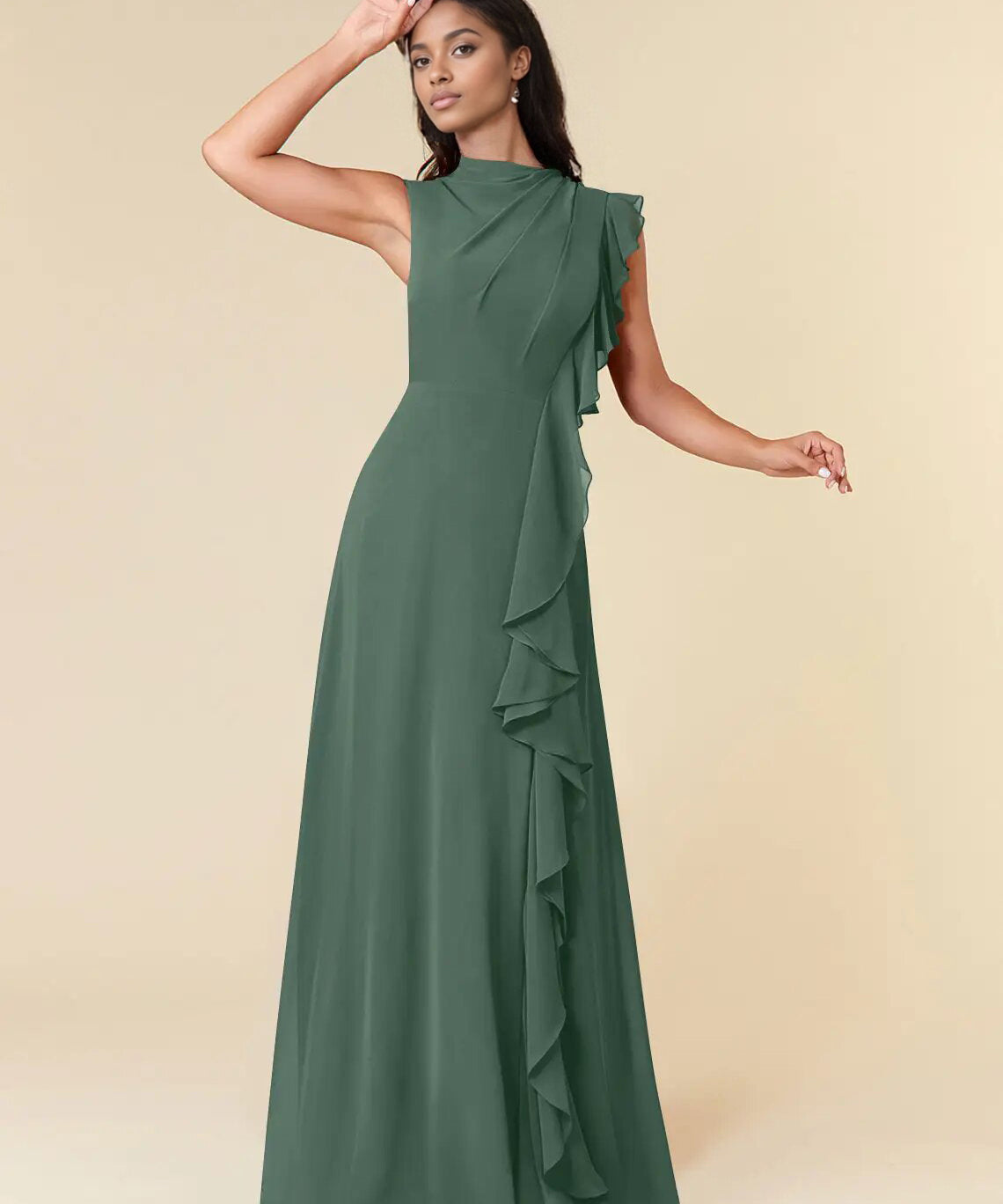 Augday A-Line High Neckline Pleated Chiffon Dress