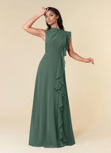 Augday A-Line High Neckline Pleated Chiffon Dress