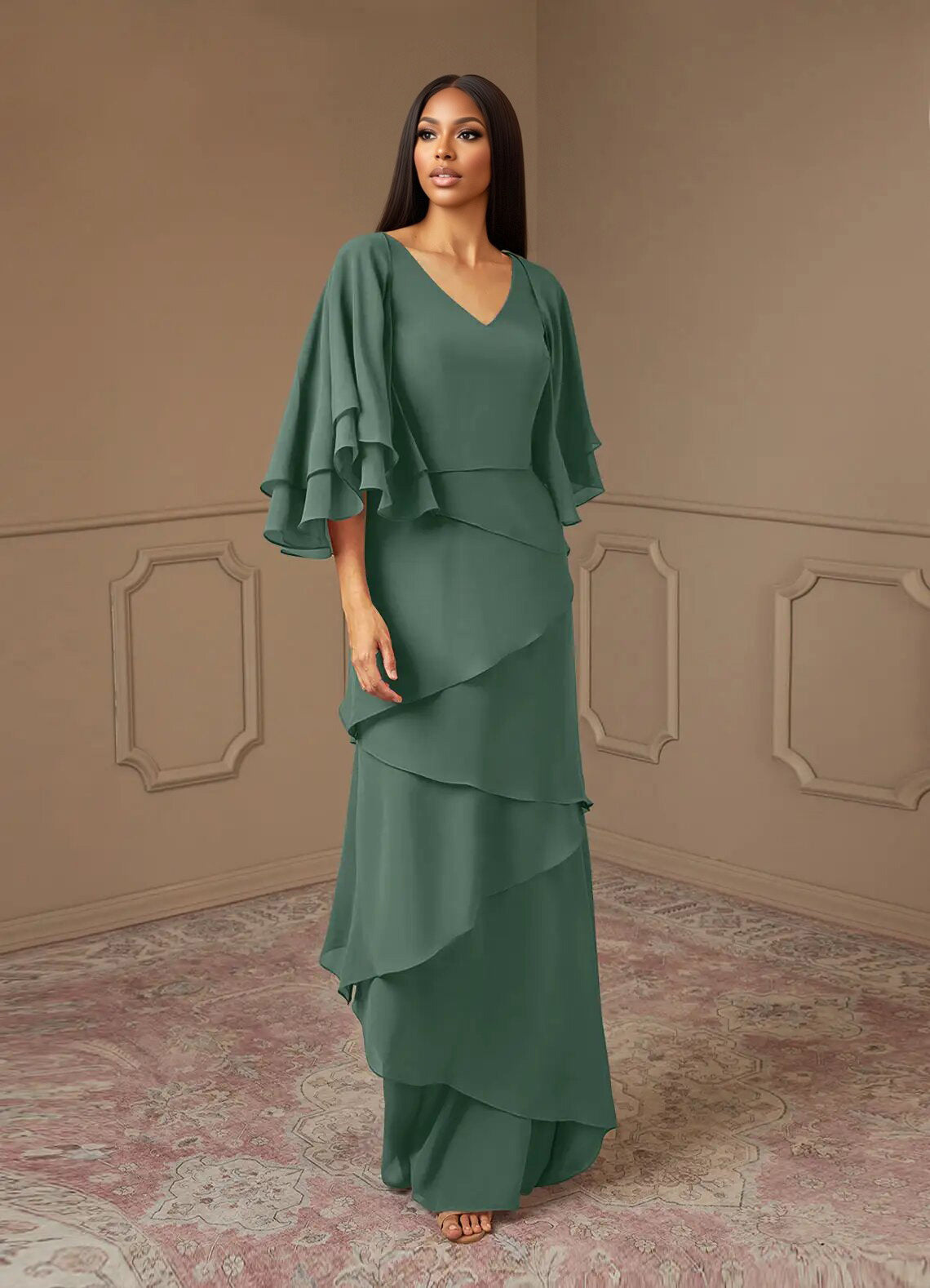 Augday OHara A-Line V-Neck Chiffon Dress