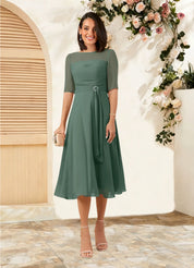 Augday Naomi A-Line Boatneck Pleated Chiffon Dress