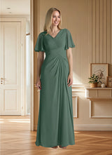Augday Morning Glory A-Line V-Neck Ruched Chiffon Dress