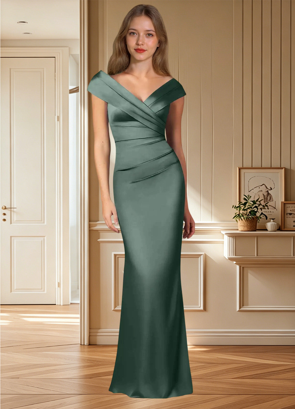Augday Ludlow Mermaid Pleated Stretch Satin Dress