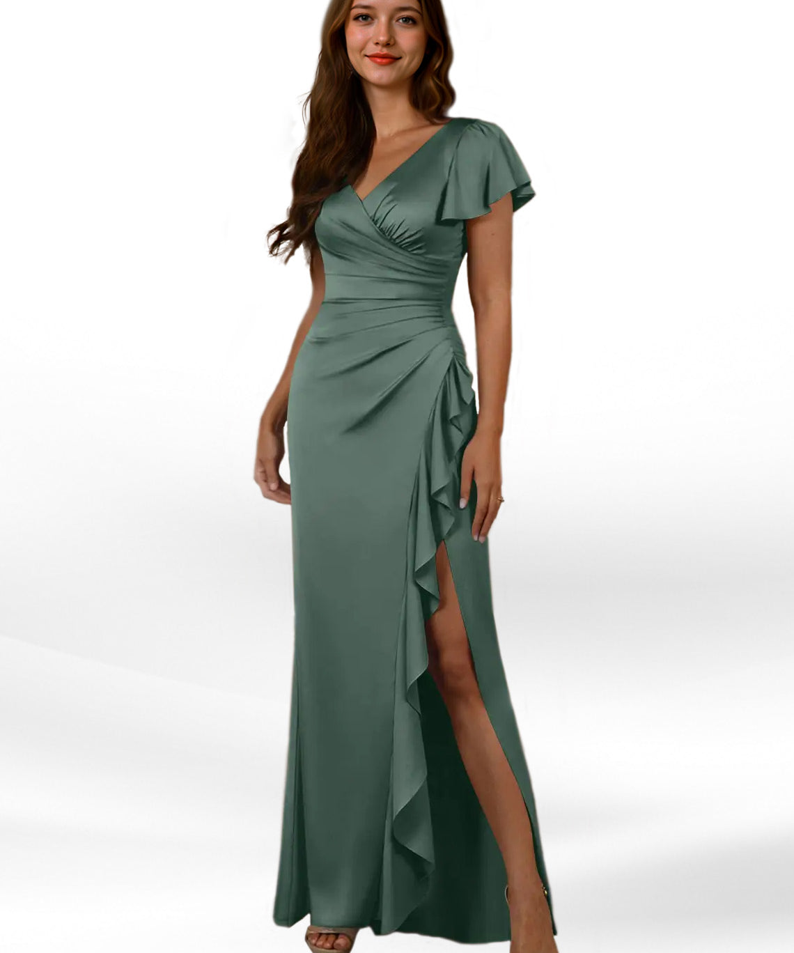Augday Roya Mermaid V-Neck Pleated Stretch Satin Dress