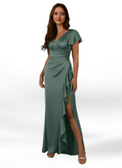 Augday Roya Mermaid V-Neck Pleated Stretch Satin Dress