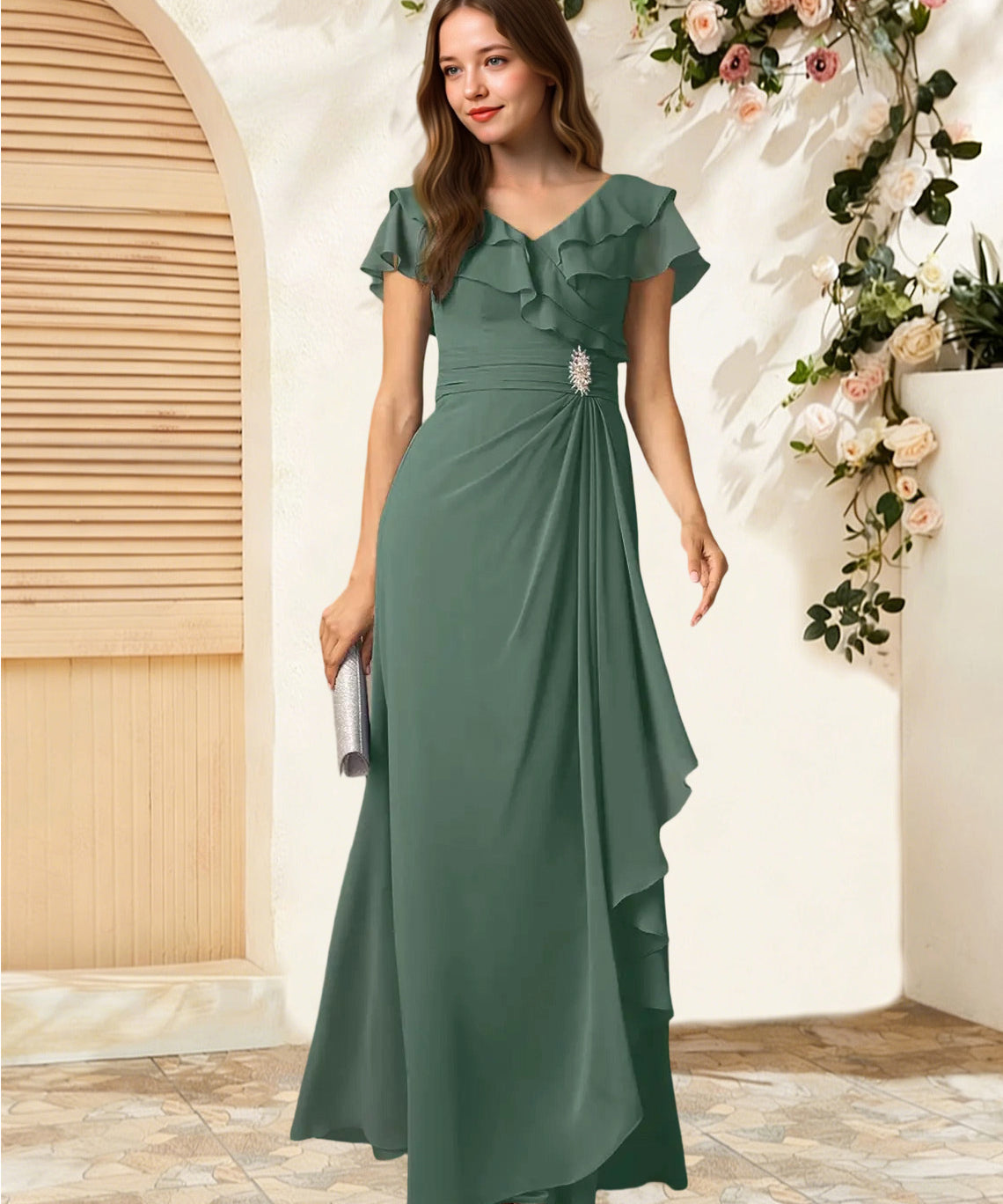 Augday Snapdragon A-Line V-Neck Ruched Chiffon Dress
