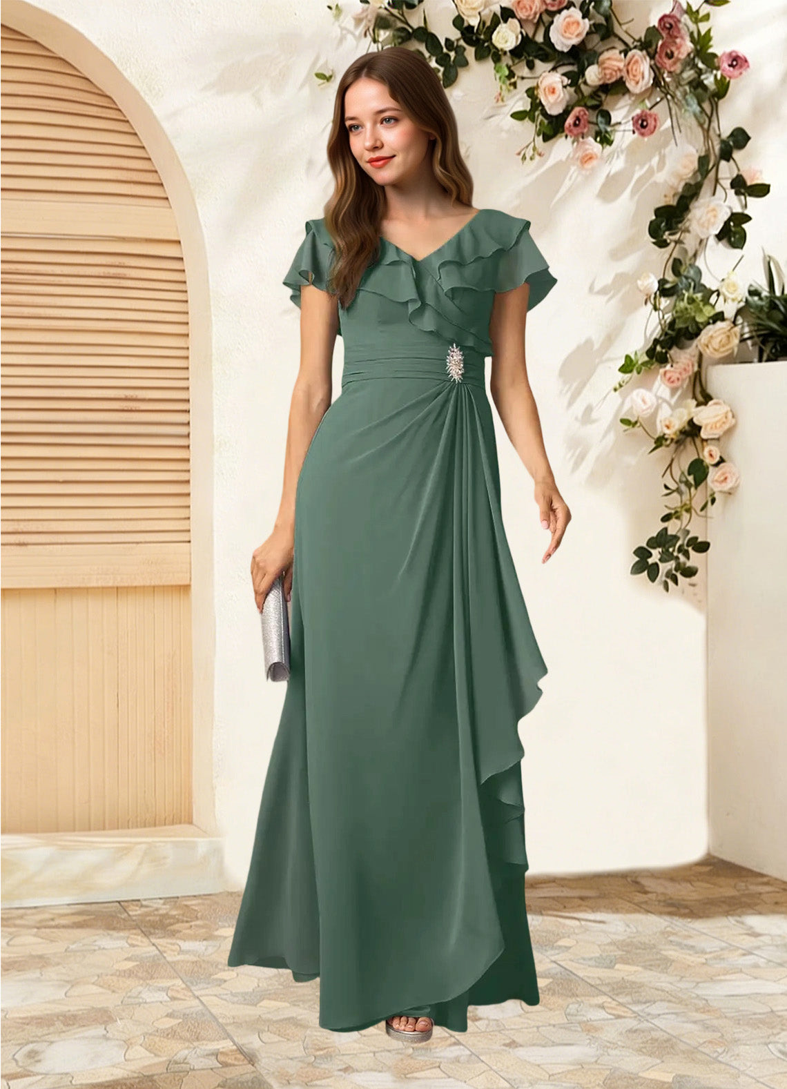 Augday Snapdragon A-Line V-Neck Ruched Chiffon Dress