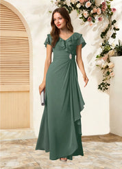 Augday Snapdragon A-Line V-Neck Ruched Chiffon Dress