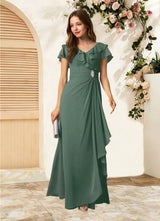 Augday Snapdragon A-Line V-Neck Ruched Chiffon Dress