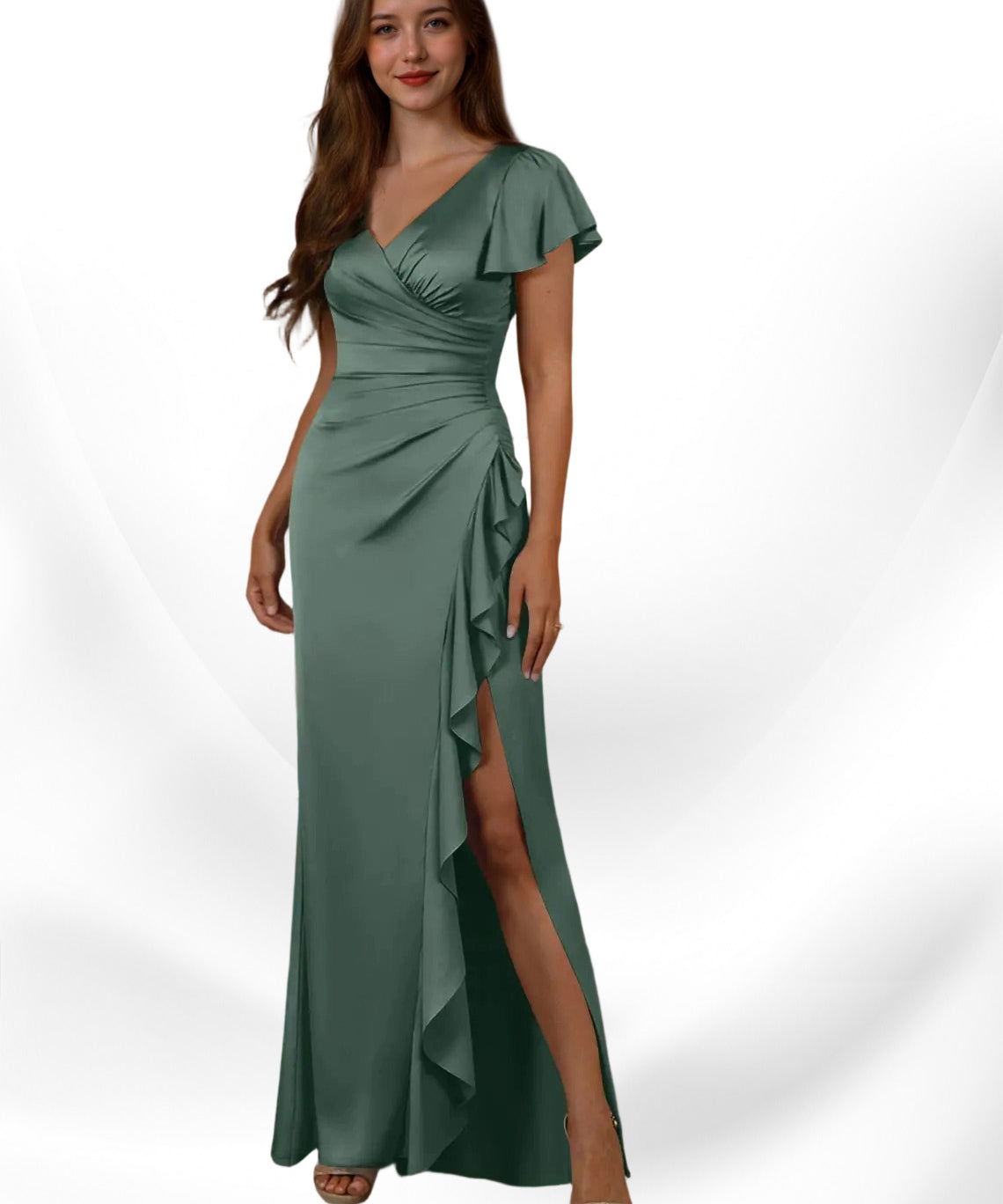 Augday Roya Mermaid V-Neck Pleated Stretch Satin