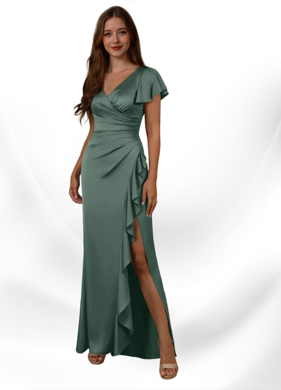 Augday Roya Mermaid V-Neck Pleated Stretch Satin