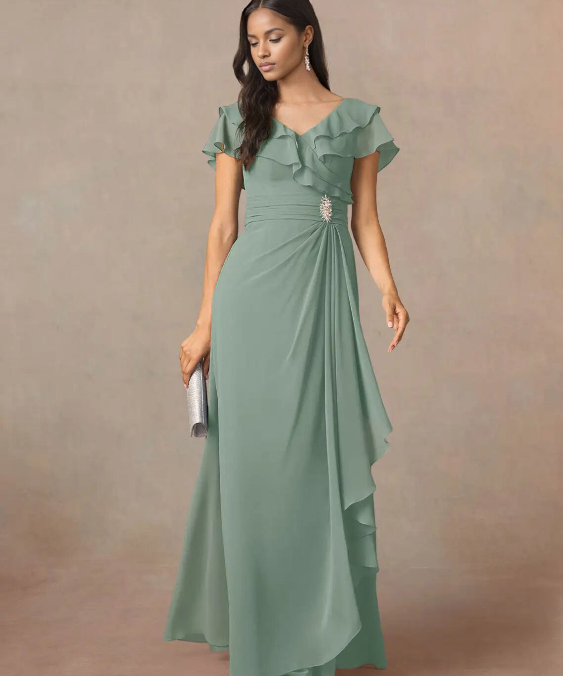 Augday A-Line V-Neck Ruched Chiffon Dress