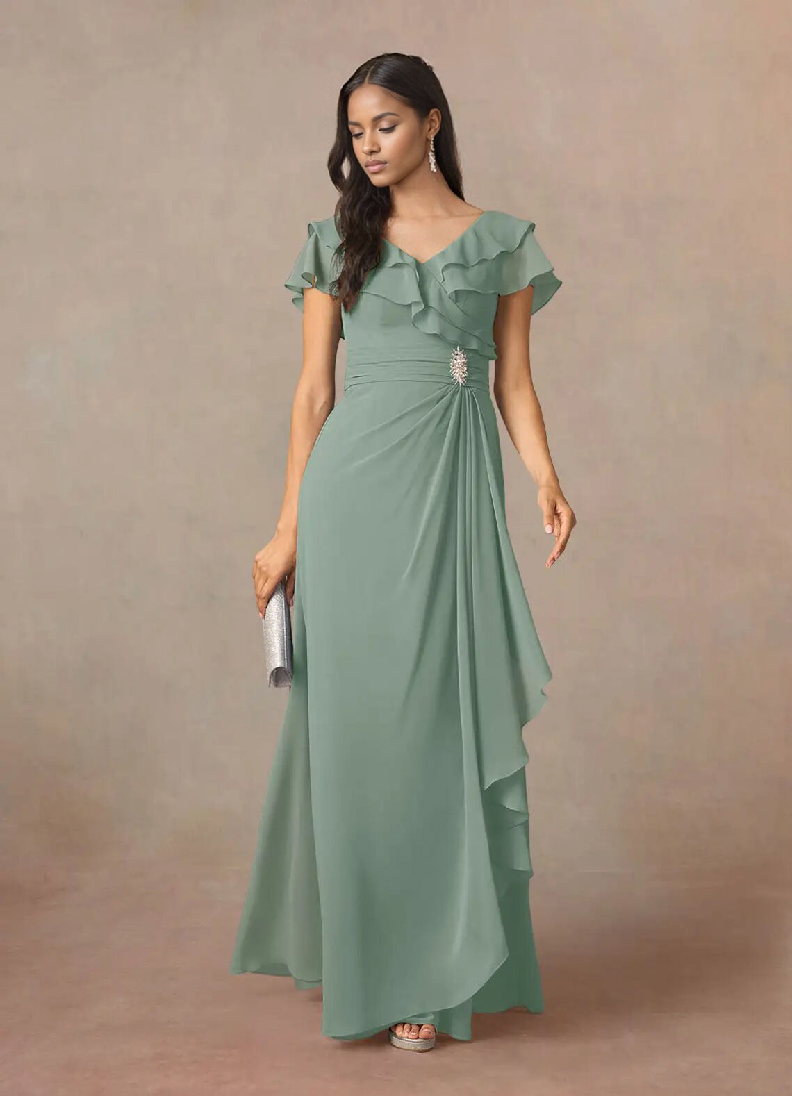 Augday A-Line V-Neck Ruched Chiffon Dress