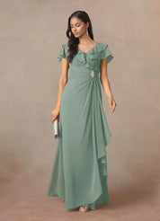Augday A-Line V-Neck Ruched Chiffon Dress