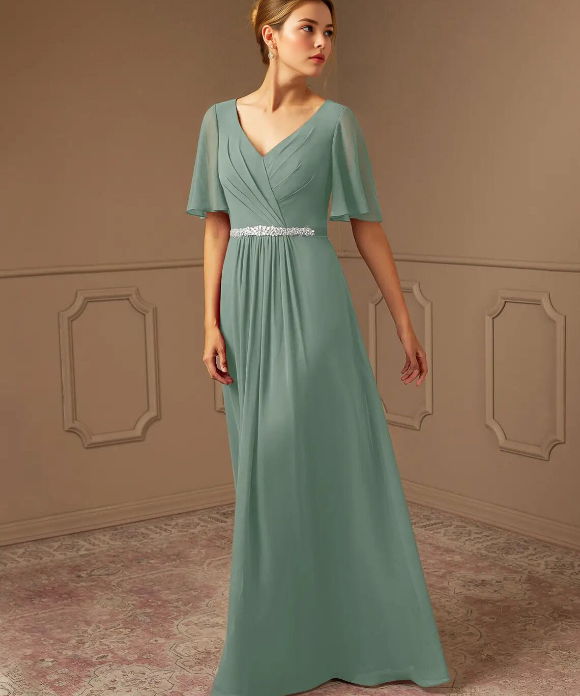 Augday A-Line V-Neck Pleated Chiffon Dress