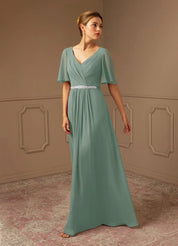 Augday A-Line V-Neck Pleated Chiffon Dress