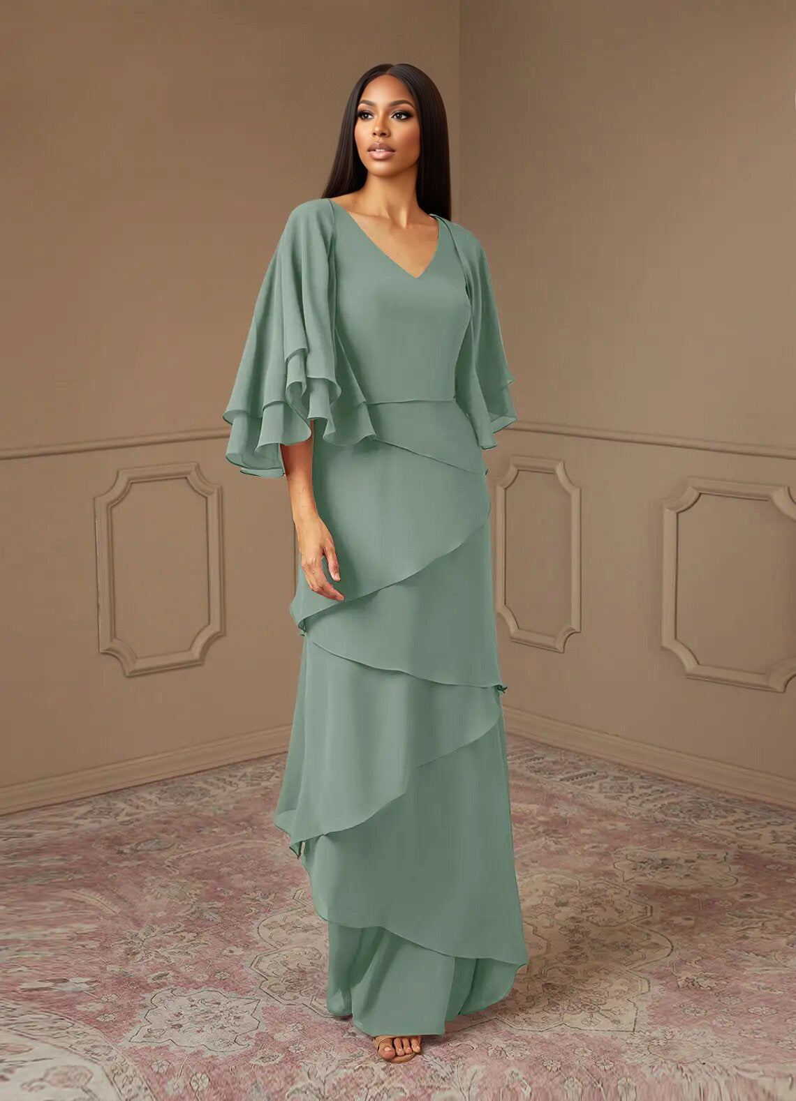 Augday OHara A-Line V-Neck Chiffon Dress
