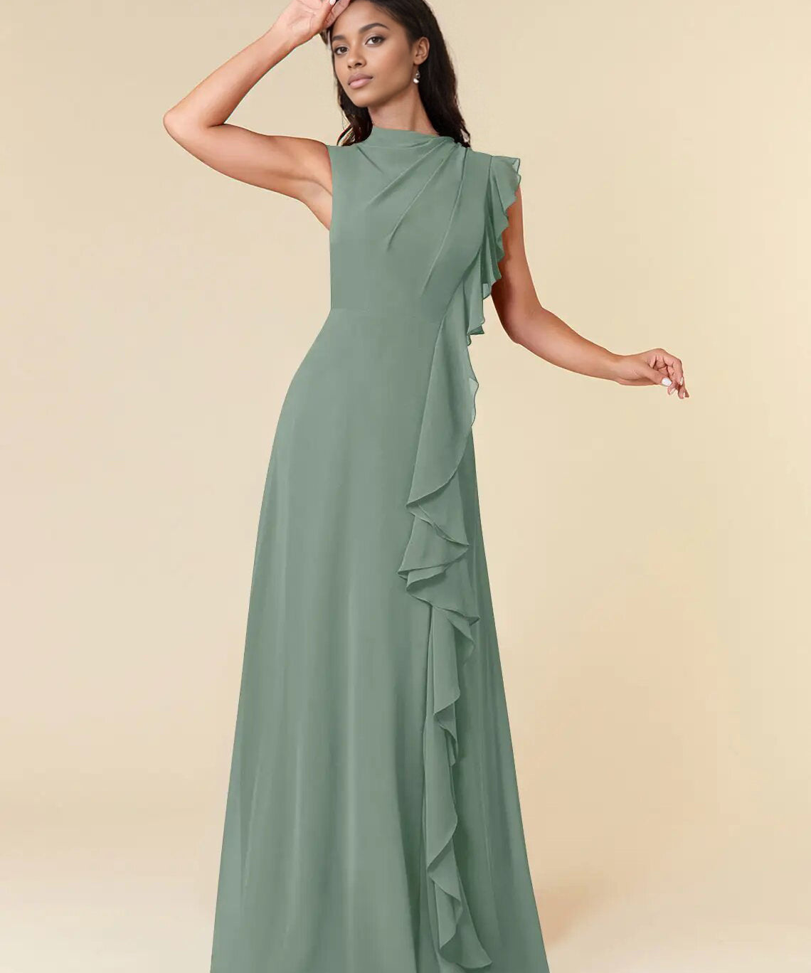 Augday A-Line High Neckline Pleated Chiffon Dress