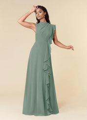 Augday A-Line High Neckline Pleated Chiffon Dress