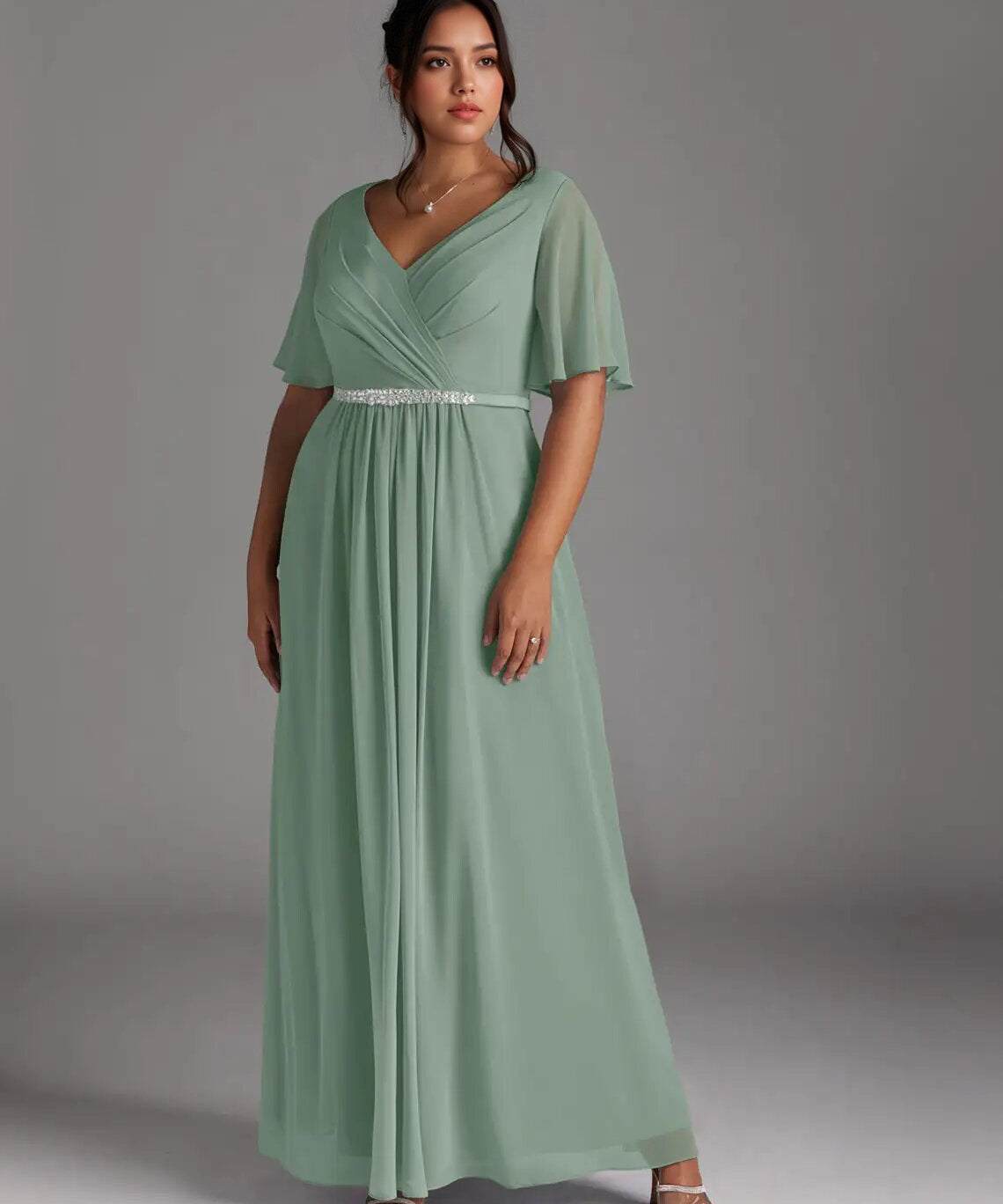 Augday A-Line V-Neck Pleated Chiffon Dress Plus Size