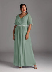 Augday A-Line V-Neck Pleated Chiffon Dress Plus Size