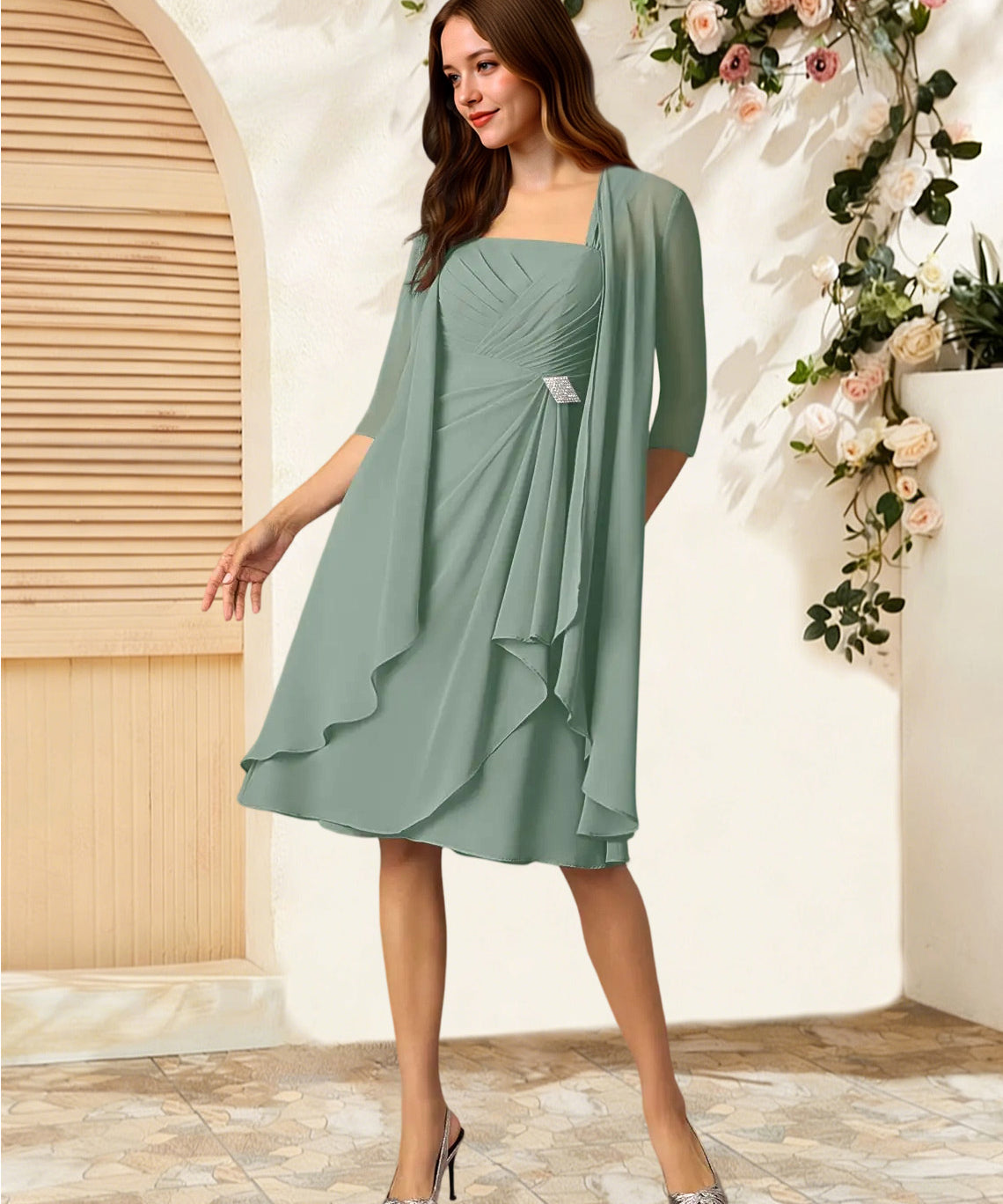 Augday Olivia A-Line Square Neckline Pleated Chiffon Dress