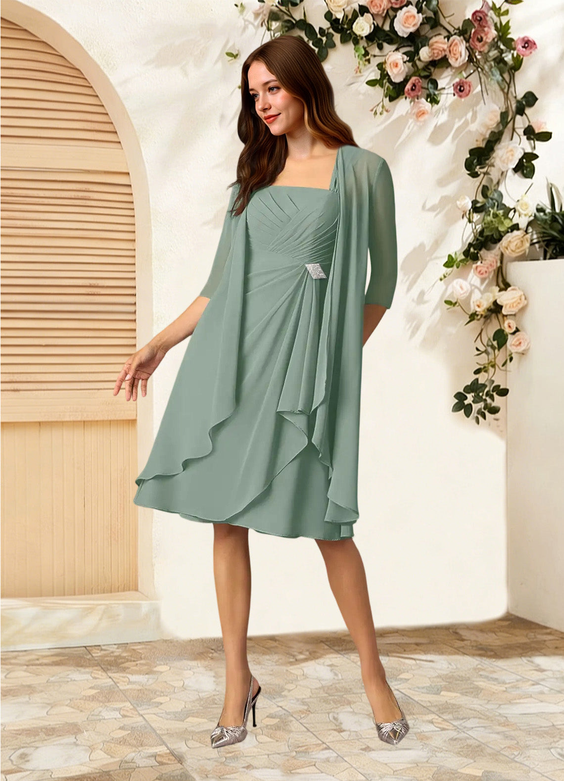 Augday Olivia A-Line Square Neckline Pleated Chiffon Dress