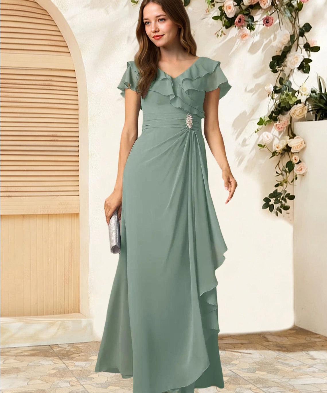 Augday Snapdragon A-Line V-Neck Ruched Chiffon Dress
