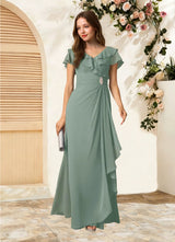 Augday Snapdragon A-Line V-Neck Ruched Chiffon Dress