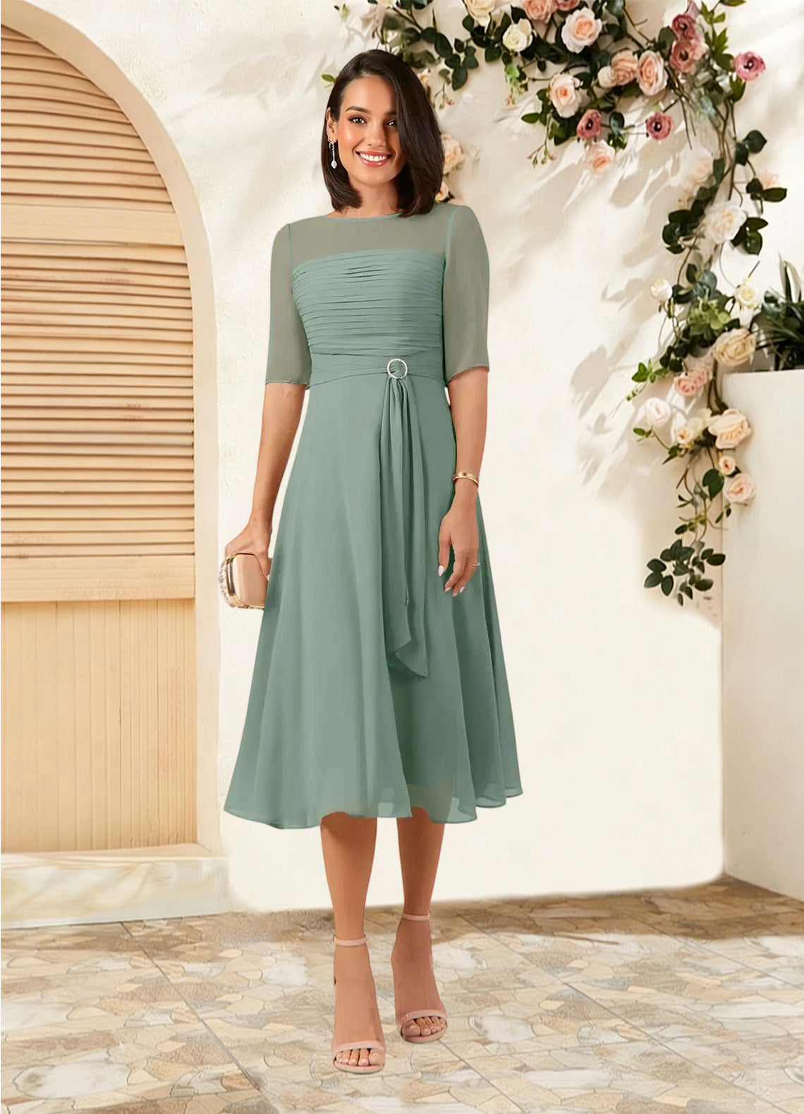 Augday Naomi A-Line Boatneck Pleated Chiffon Dress