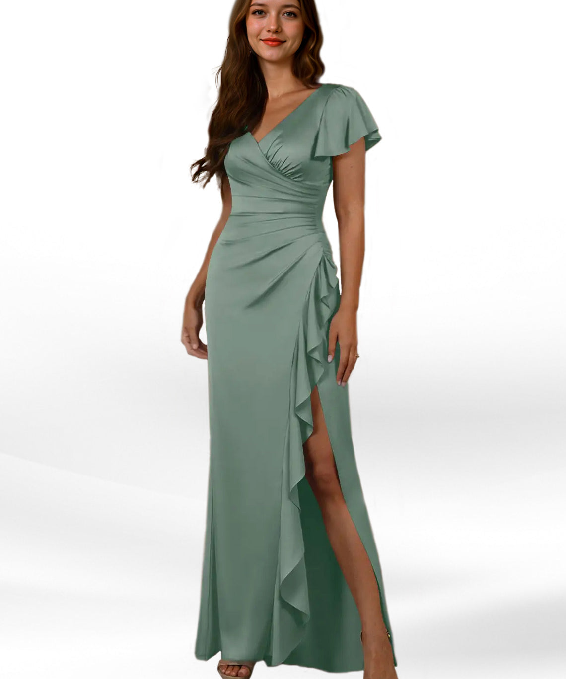 Augday Roya Mermaid V-Neck Pleated Stretch Satin Dress