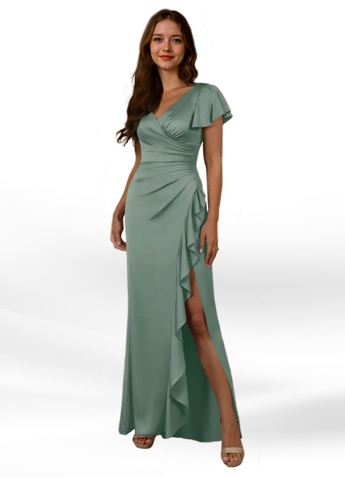 Augday Roya Mermaid V-Neck Pleated Stretch Satin Dress