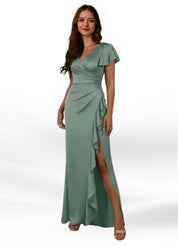 Augday Roya Mermaid V-Neck Pleated Stretch Satin Dress