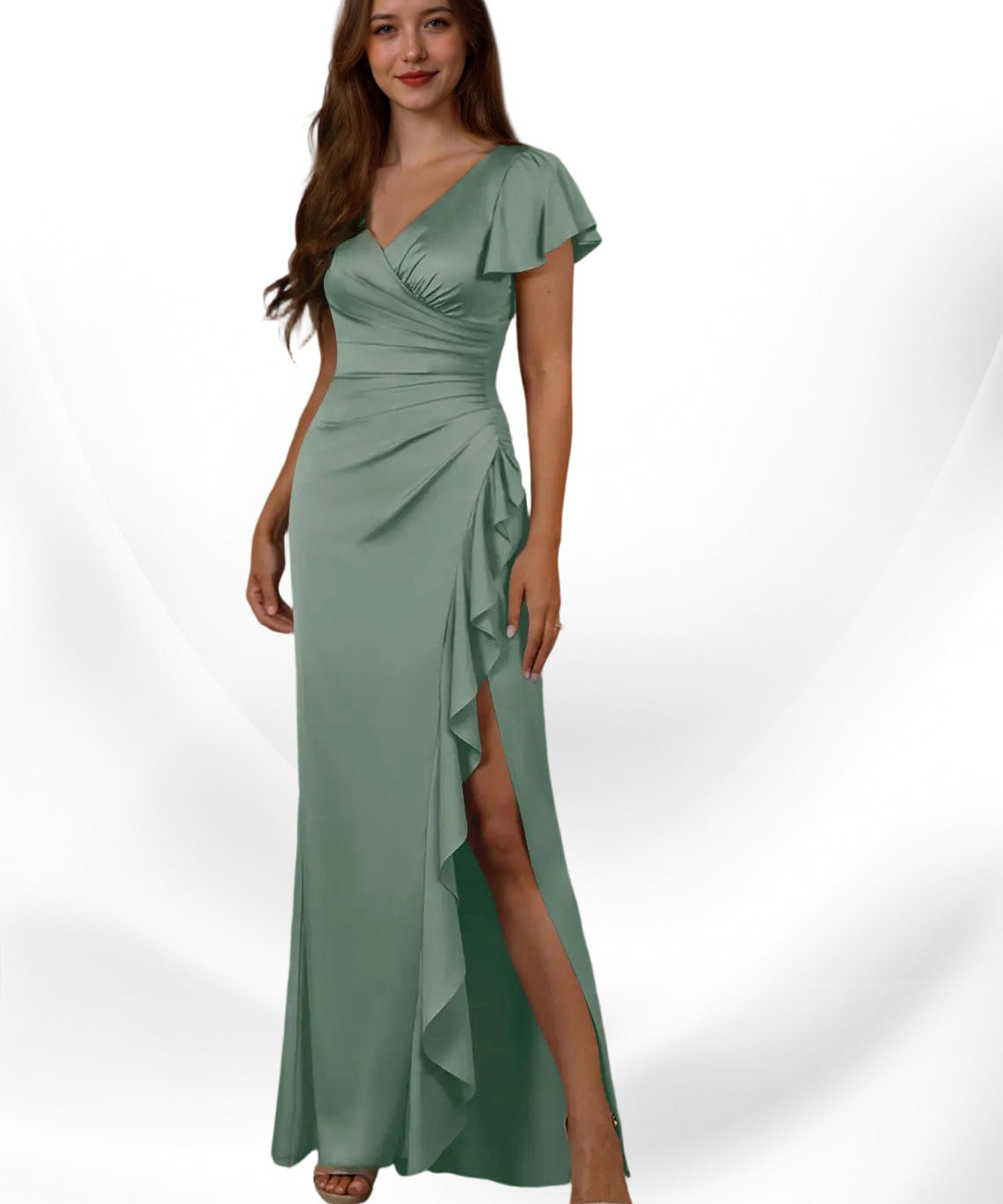 Augday Roya Mermaid V-Neck Pleated Stretch Satin